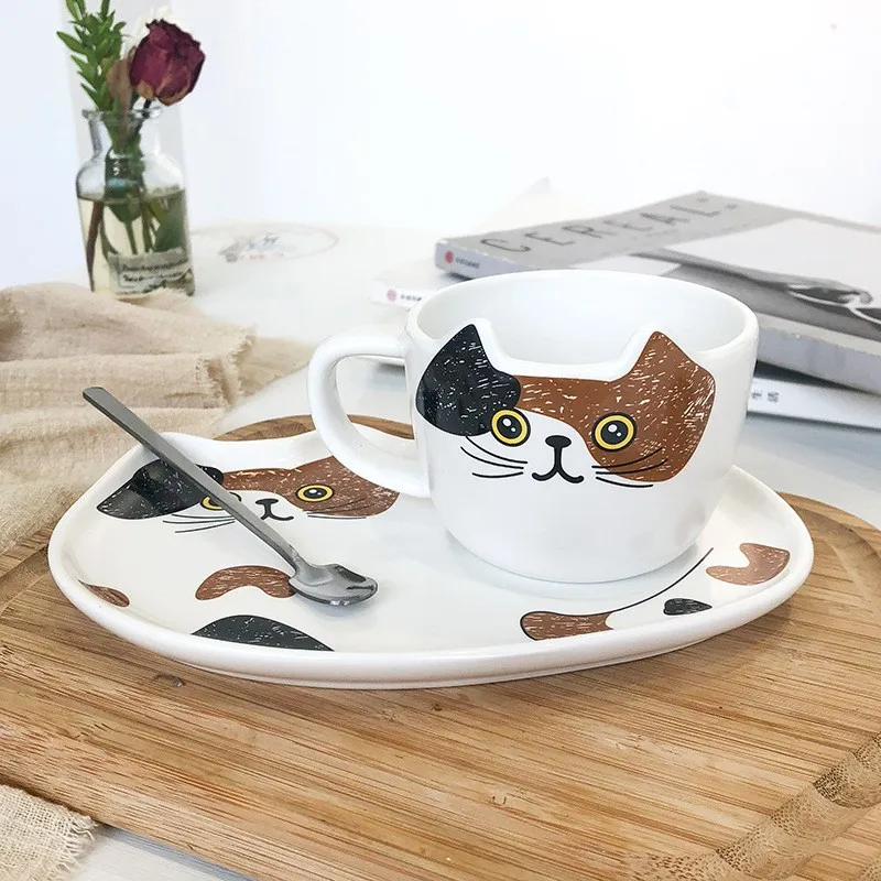 Керамическая чашка с котом и подносом фарфоровый набор для завтрака кофейная кружка десертной тарелкой