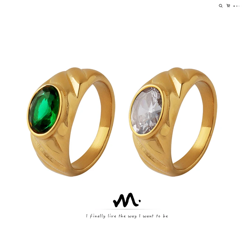 New personality design white green zircon ring men and women palace style couple ring stainless steel gold-plated ring
