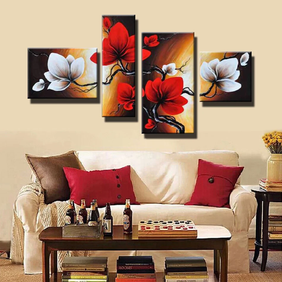Modern Abstract Flower Painting Hand Painted Red White Wall Art Canvas 4 Panel Home Decoration Picture For Living Room Sale