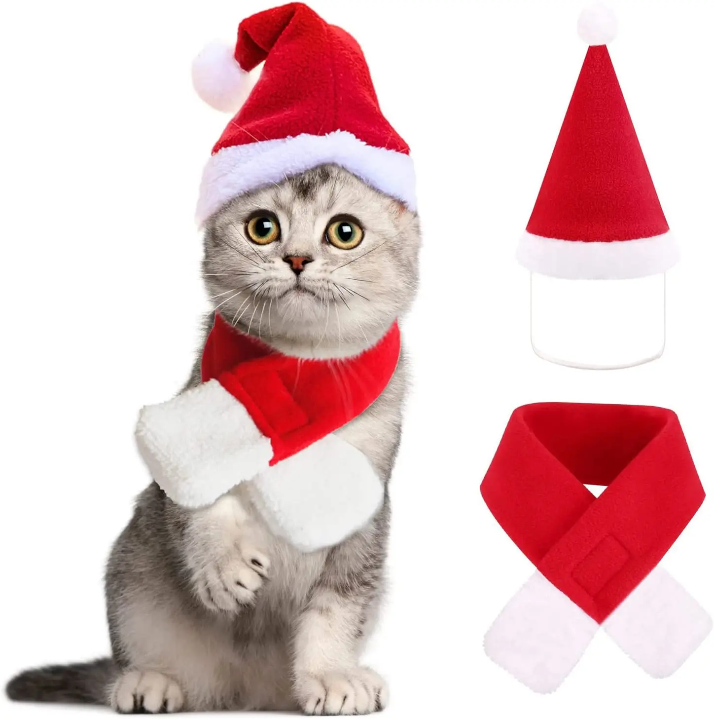 2PCS Cat Christmas Costume Christmas Pet Santa Hat with Scarf Outfit for Puppy Kitten Christmas Party Costume Supplies