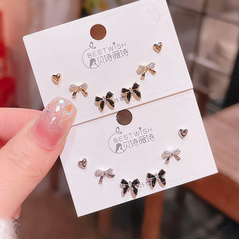 FanYue custom 2024 high quality 14K real gold plated copper zircon bow knot oil drip heart 3 pairs/set earrings set for women