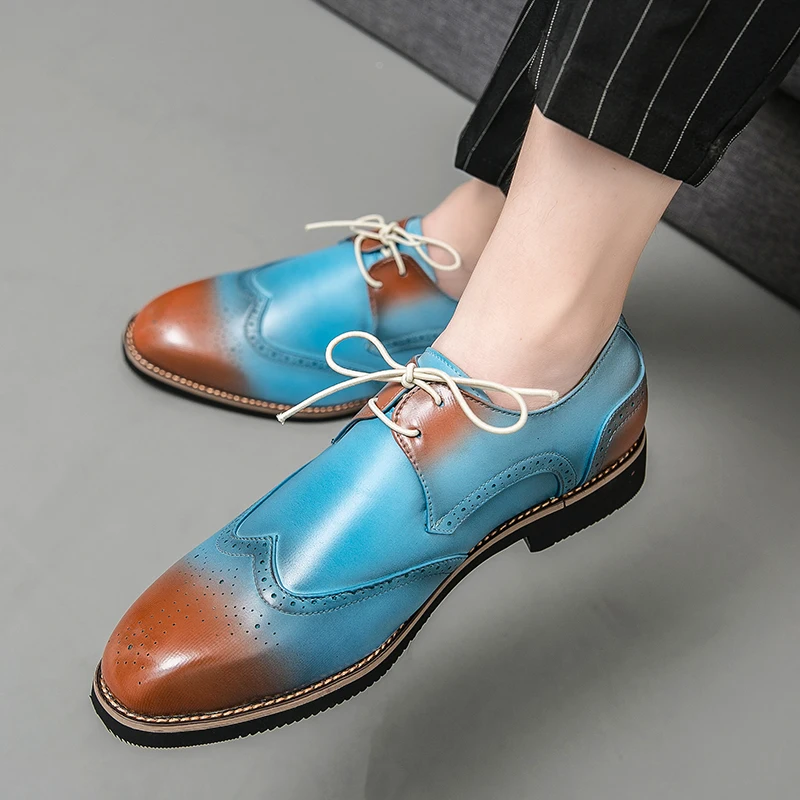 Handsome Classy Dress Formal Shoes Comfortable Lace-ups Blue Color Flat Durable Men Leather Casual Shoes