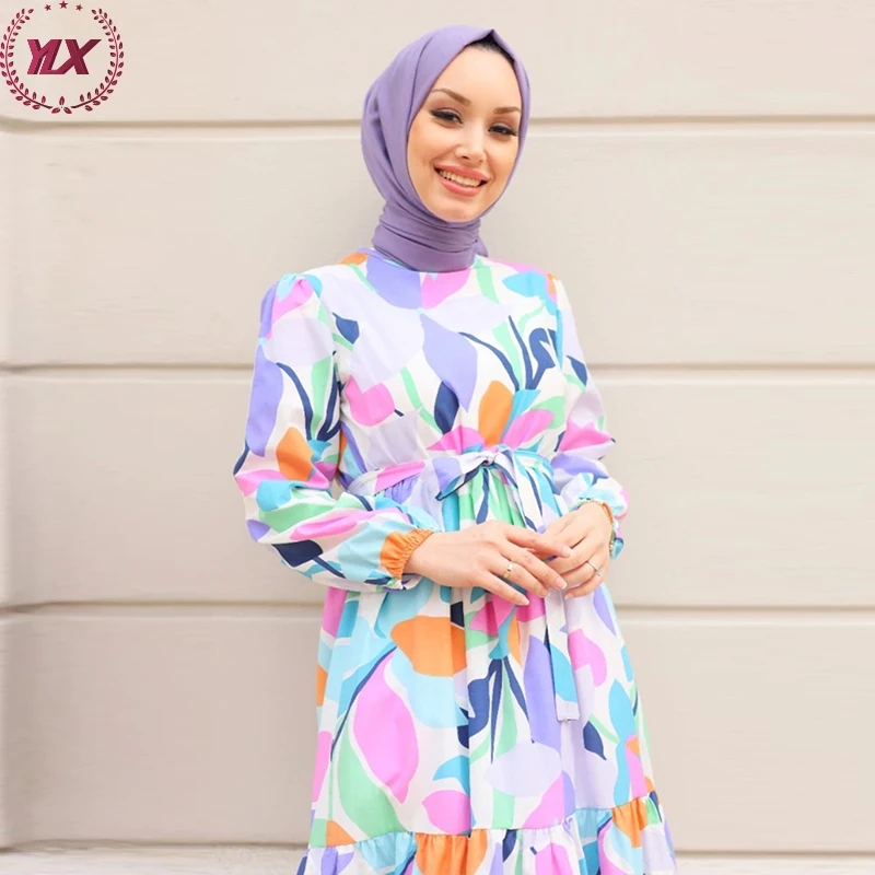 Crew Neck Women Muslim Casual Summer Muslimah Islamic Floral Silk Coffin Gamis Indonesia Hijab Dresses Abaya Dress
