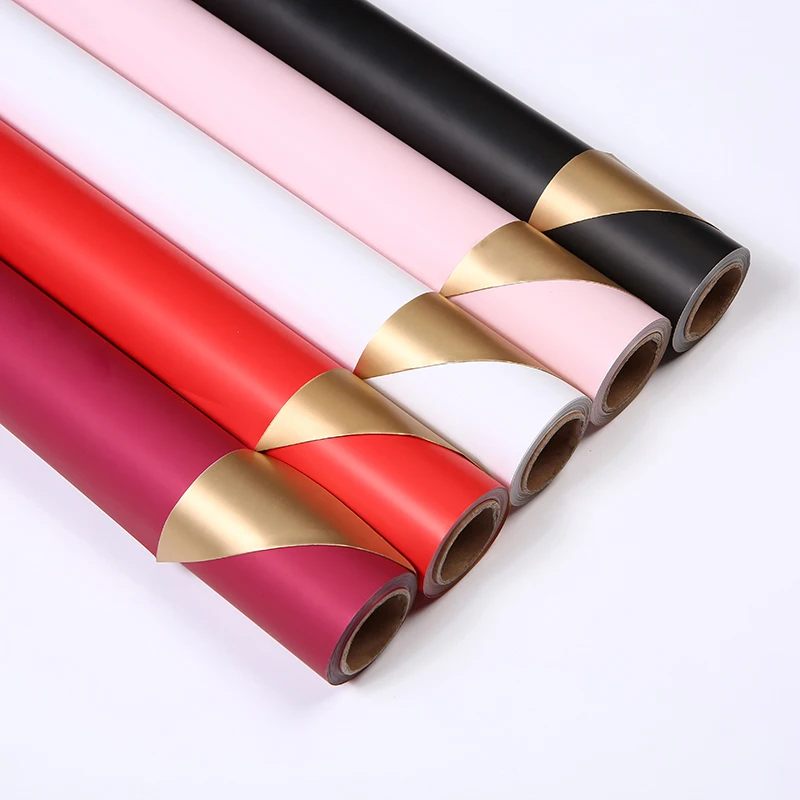 
wholesale 58cm*10m double sided with gold korean waterproof fresh flower wrapping paper roll 