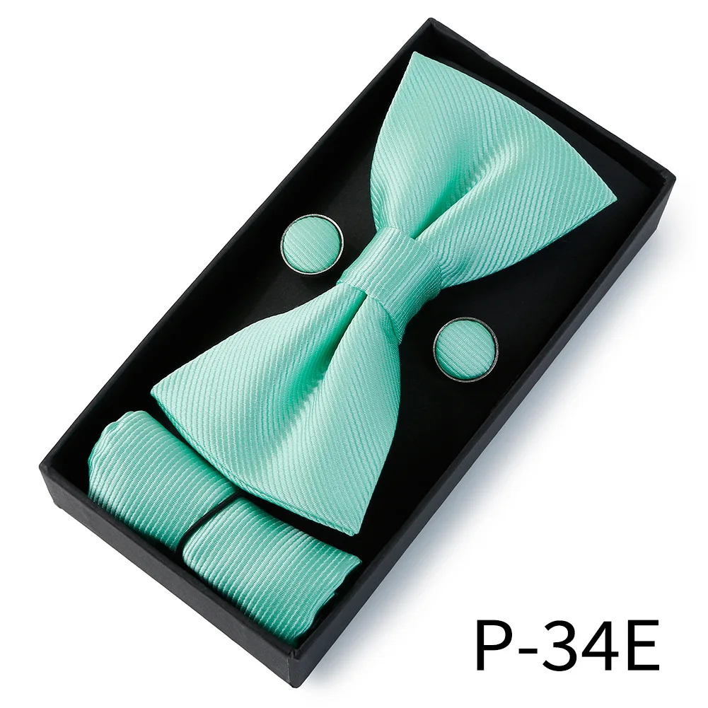 2024 low price Classic business wedding groom black solid color cufflinks pocket square  bow tie set for men gift box