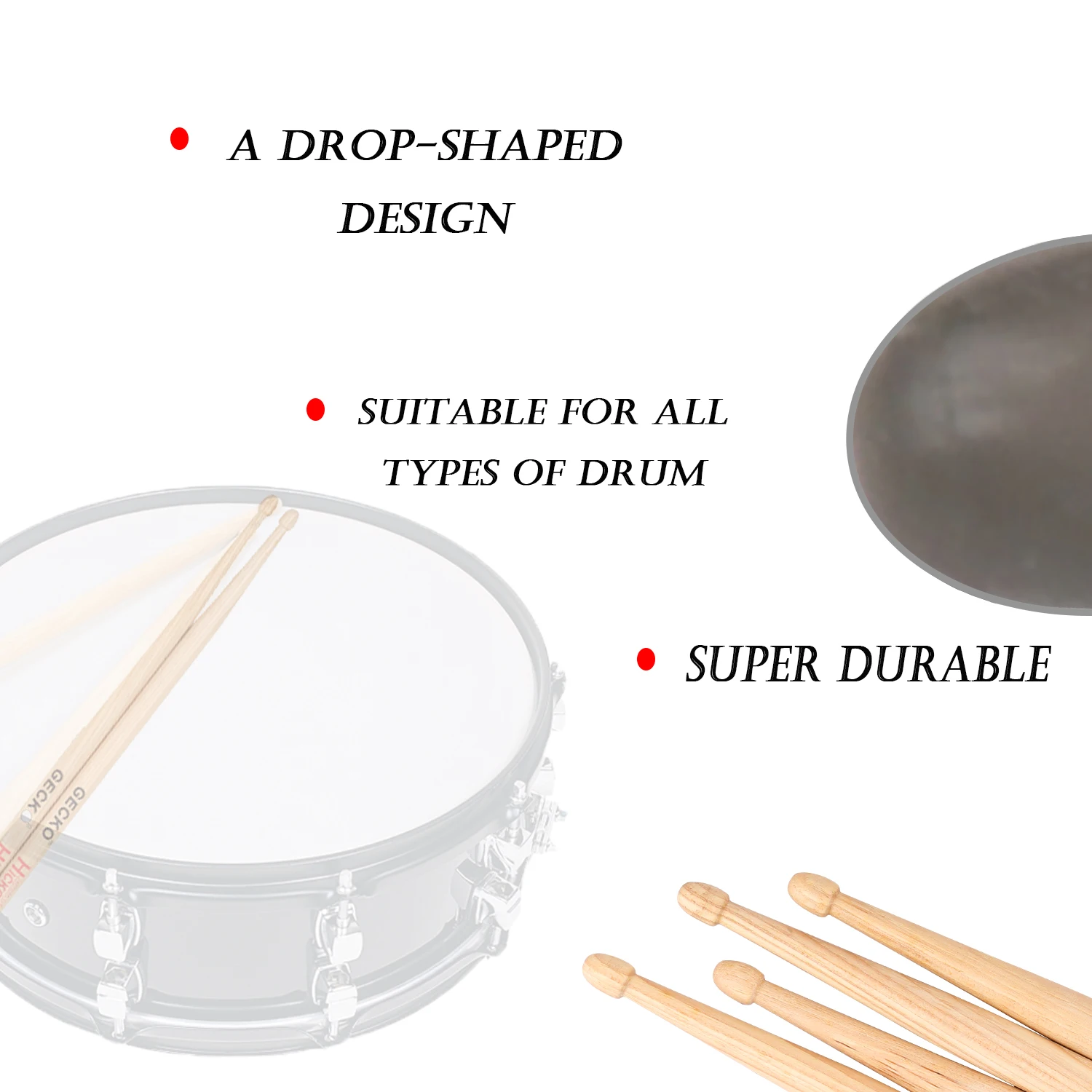 GECKO 5A drumstick Water drop Acron hammer head North American hickory wood drum stick