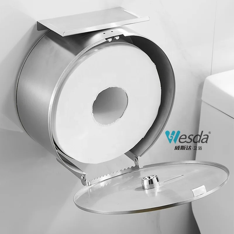 WESDA Public Bathroom Lockable Wall Mount Stainless Steel Roll Tissue Holder Commercial Jumbo Toilet Paper Dispenser with Shelf