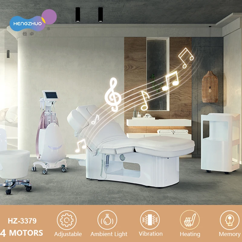 Height Adjustable Electric Massage Table for Beauty Treatment Heating Massage Spa Bed with LED Lamp