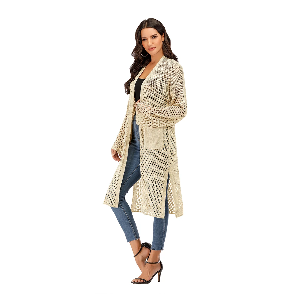 Оптовая Продажа с фабрики новое летнее женское вязаное пальто длинными рукавами и карманами длинное пальто-кардиган