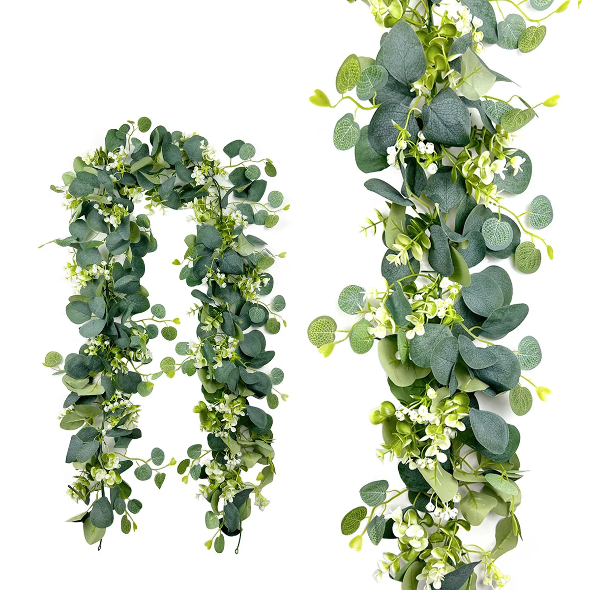 70in/5.9ft Plastic Eucalyptus Garland Artificial Flower Camellia Rattan Faux Greenery DIY Leaf Vine for Home Indoor Front Decor