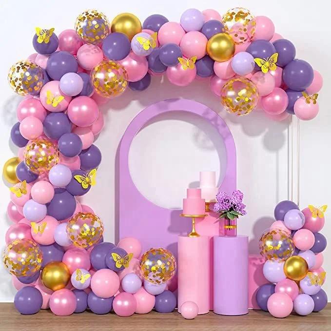 Pink Purple Party Balloon garland Paper confetti Paper confetti metal Butterfly Girl birthday party Bridal party decoration