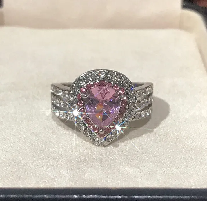 Liberty Gifts High Quality Multiple Layer pink Water Drop Full Rhinestone Ring Engagement Jewelry Finger Boutique for Women Girl