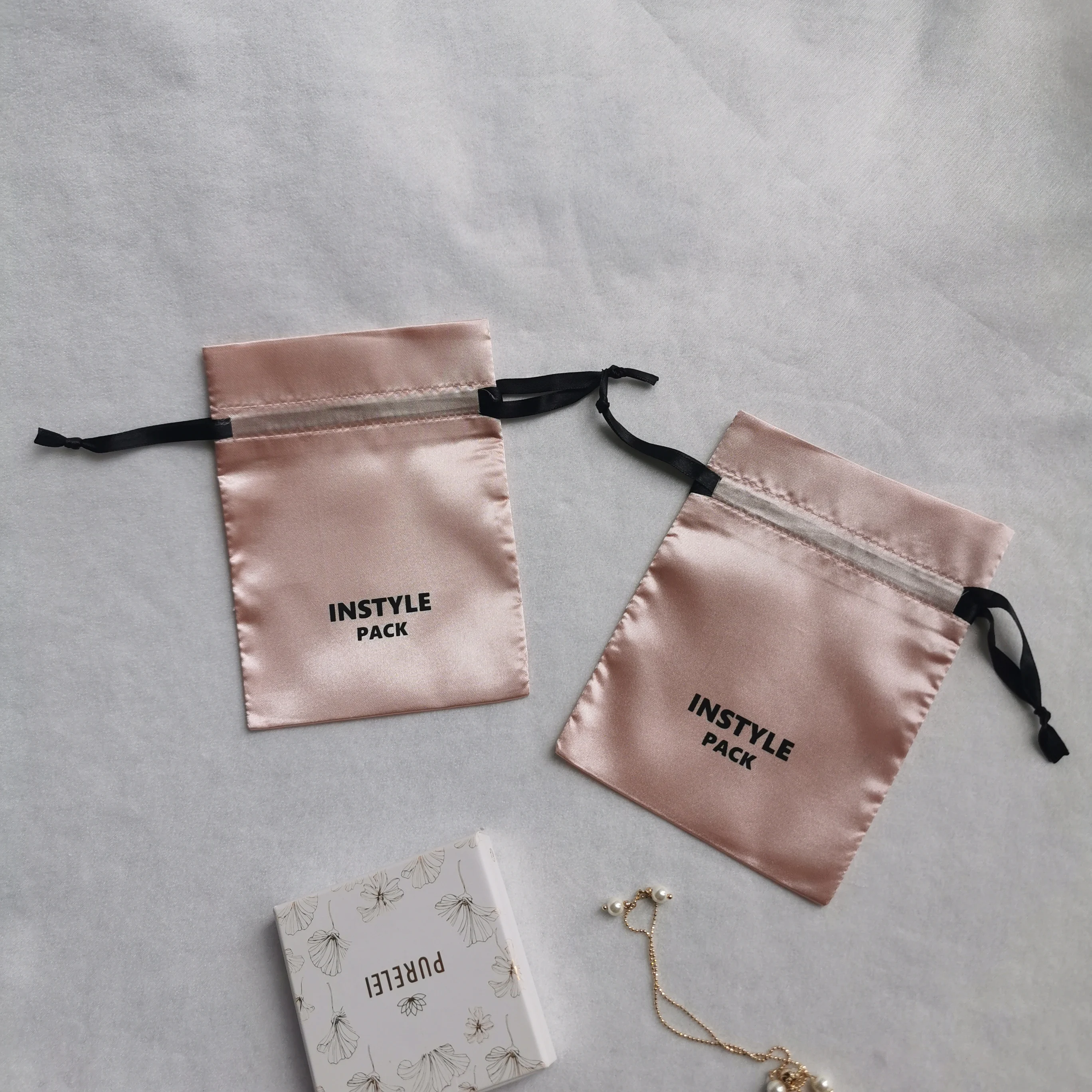 Custom printed small drawstring bag satin pouch bag for jewelry satin pouch dust bag