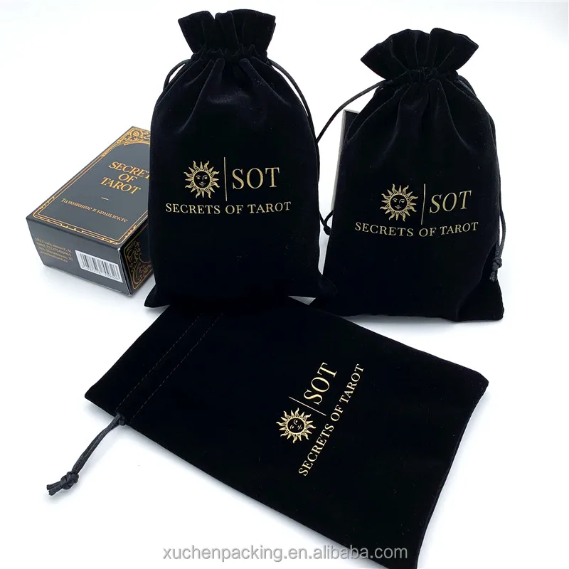 Eco Friendly Black Velvet Tarot Cards Bag Luxurious Velvet Drawstring Pouches for Tarot Rune With Gold Foil