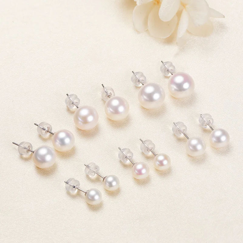 2024 High quality Simple Round Pearl Jewelry Gift 925 Sterling Silver natural freshwater White Pearl Stud Earrings For Women
