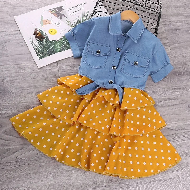 LW 2022 summer spring kids clothing wholesale short sleeve crop denim jacket and polka dot dress girls boutique clothing sets