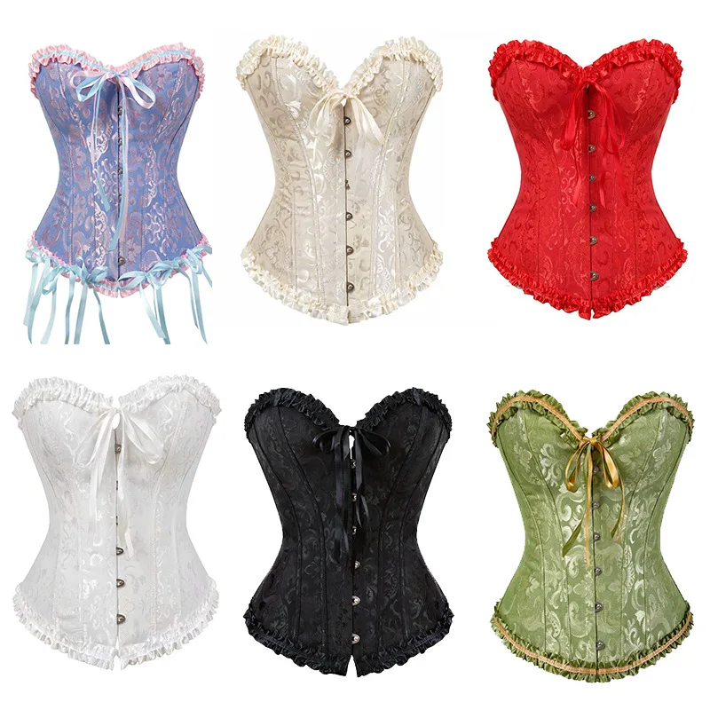 Women Bustier Corsets Overbust Lingerie Vintage Victorian Fashion Corselet Top Sexy Erotic Zip Floral Lace Plus Size Luxury 2PCS
