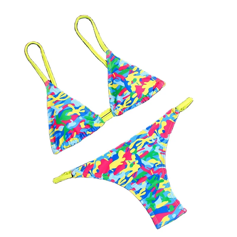 
New positioning printing bikini fluorescent shoulder strap split swimsuit 