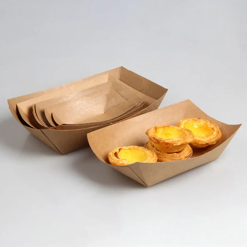 Disposable Kraft Paper Food Serving Tray Boat Shaped Fried Chicken Chop French Fries Food Packaging Box