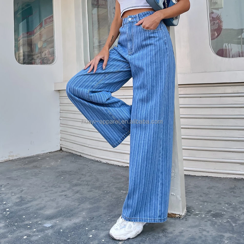 Женские джинсовые штаны и брюки большого размера в полоску с широкими штанинами