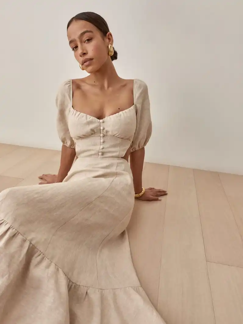 OEM Custom Linen Cut-Out Backless Cross Strap Hollow Out Lantern Sleeve Breasted Ruffled Corset Midi Dress