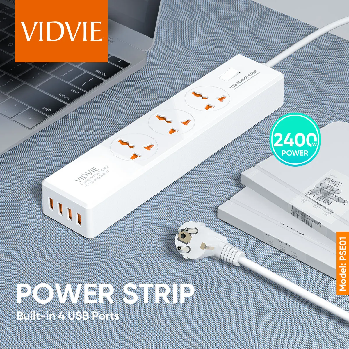 VIDVIE Universal Square EU Plug 4 USB Outlet Power Strip Extension Plugs & Sockets With Switch