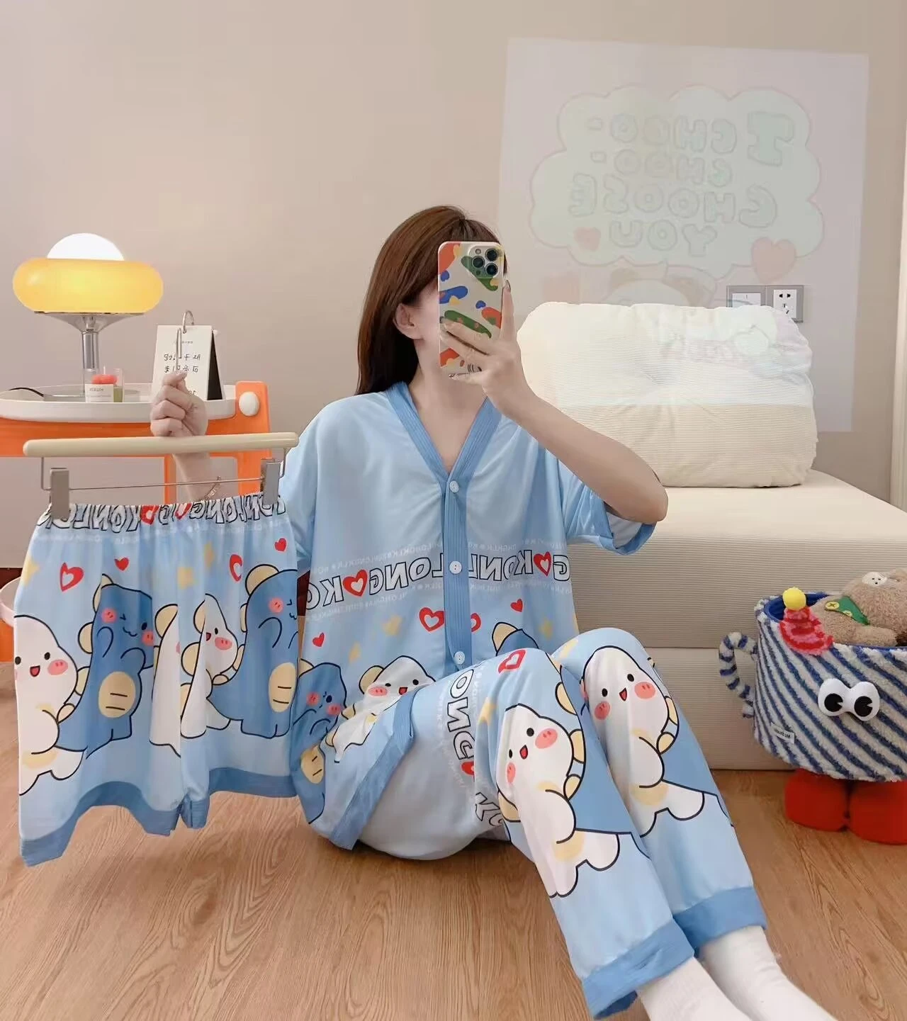 nightgown Pyjamas short sleeve cotton pijamas mujer nightgowns Calf-Length Pants pijama Full cute girls sleepwear for women set