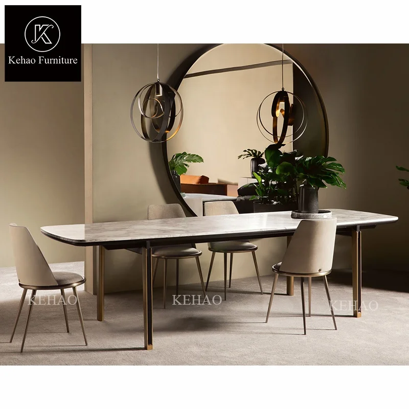 Italian light luxury dining table home furniture marble top dining table gold stainless steel frame dining table with 6 chairs