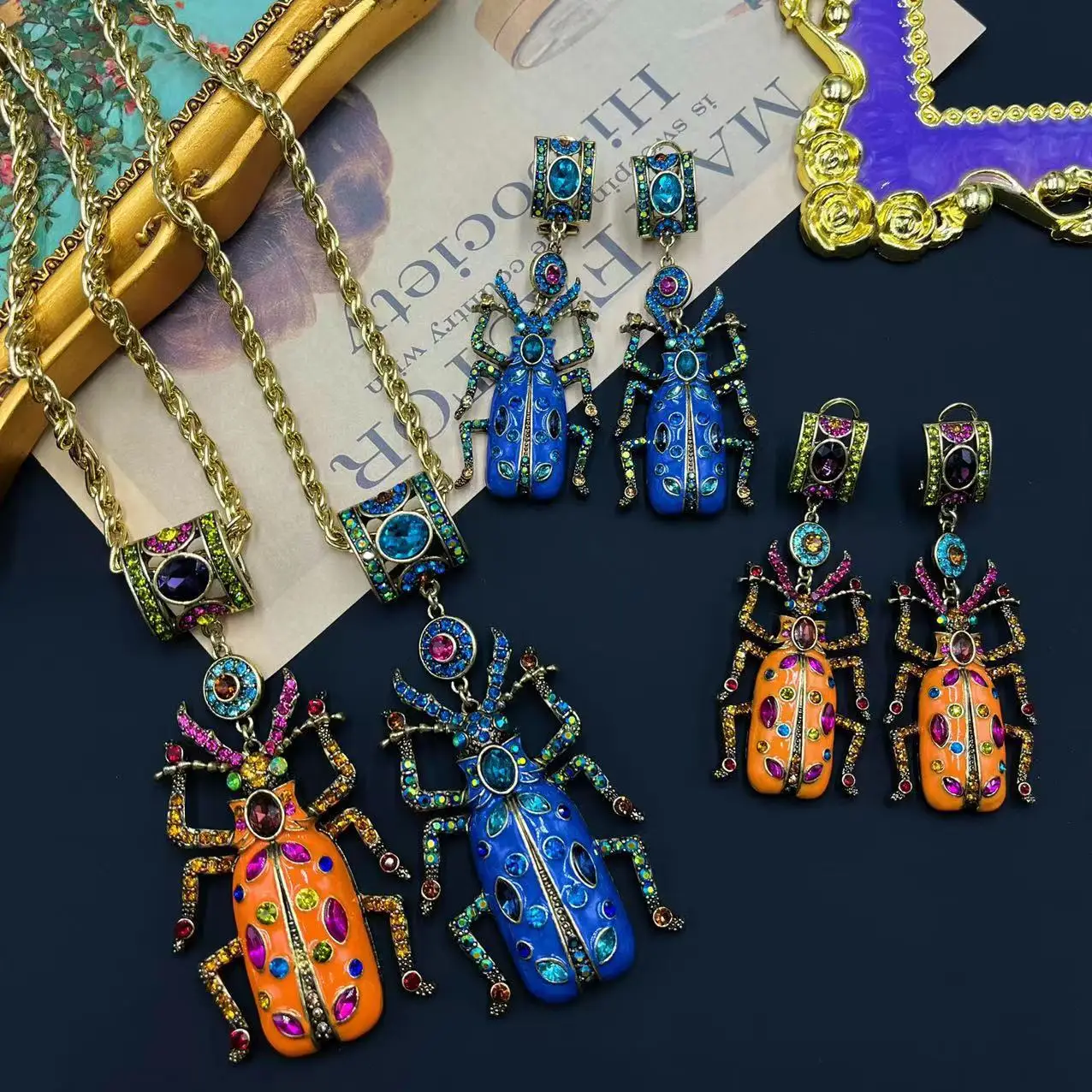 Top Quality Fashion Personalized Vintage Animal Enamel Beetle Insect Earrings Necklace Jewelry Set