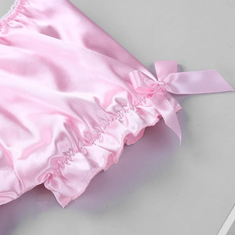 Cheap Sissy Sleepwear Set Soft Silky Short Sleeves Crop Top with Bloomers Boxer Briefs Satin Lingerie For