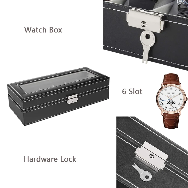 
Hot sale Fashion 6 Slot Soft Pillows watch jewelry box Storage Lockable Leather Glass Lid Watch Box Organizer 