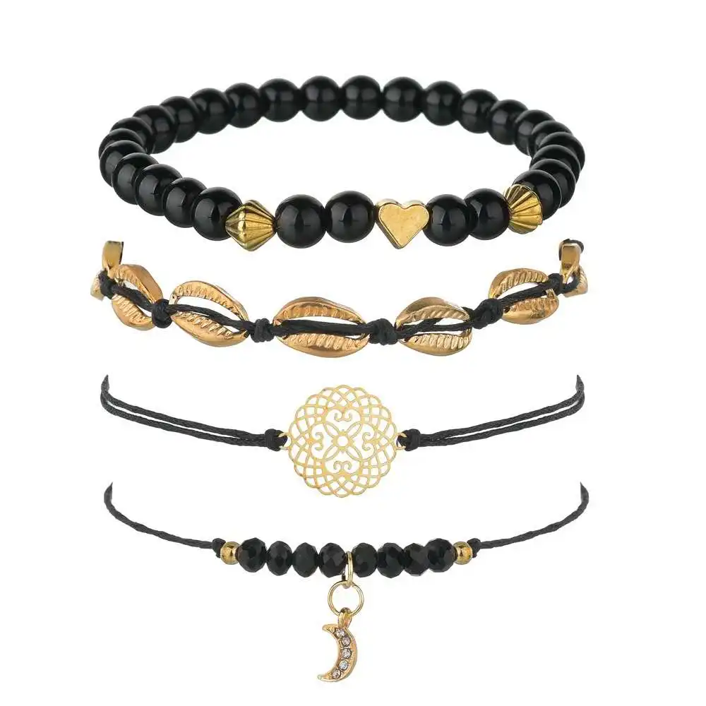 14k золото ювелирные изделия оптом браслеты с подвесками с выдолбленными участками перфорированными цветами Полумесяца стеклянные бусы Черный рука строка бусины комплект ювелирных изделий Браслеты