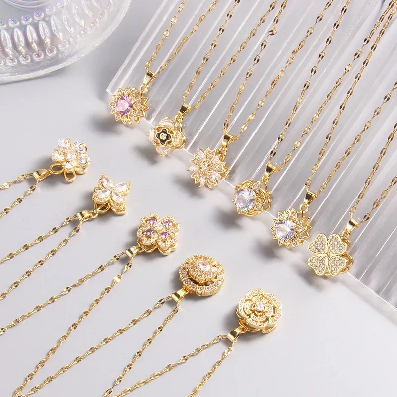 Free samples Stainless Steel Chain Fidget Spinner Rotatable Zircon Necklace Multi Styles Four Leaf Clover Hearts Necklace