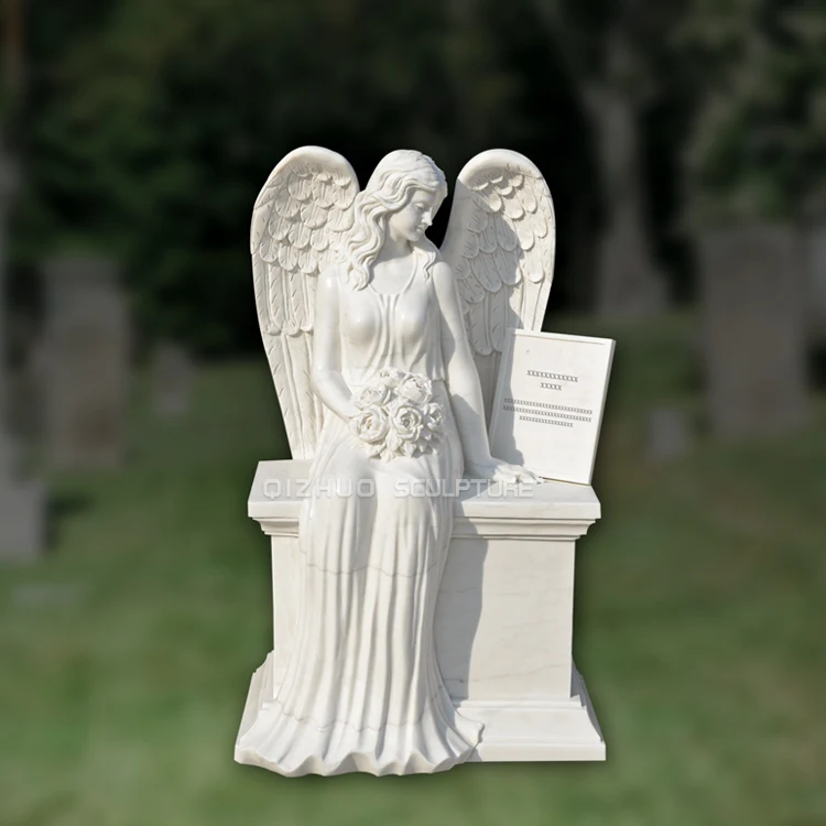 Hand Carved Cemetery Natural Stone Tombstone and Headstone Weeping Angel Marble Bench