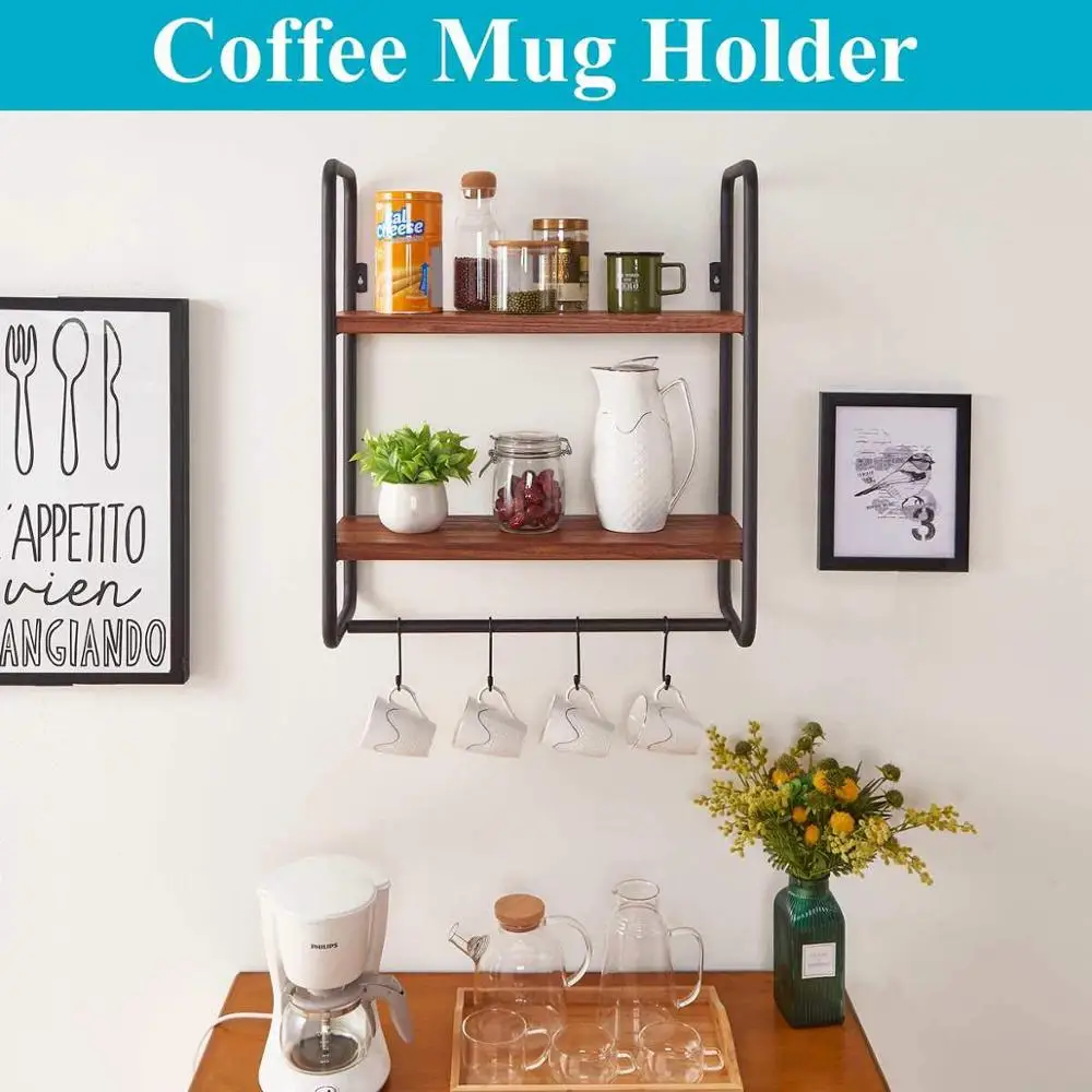 
Solid Wood Wall Shelf with Hooks, 2-Tier Shelves Wall Mounted for Kitchen Bathroom Bedroom and Office, Rustic Entryway Hanging S 