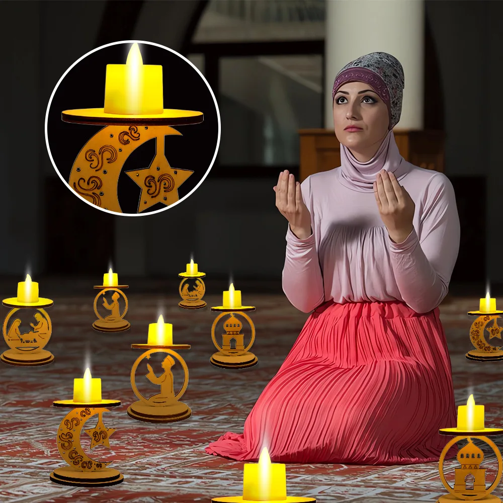 Eid Mubarak Arabic Candle Holder Wood Moon Decor for Home Ramadan Gift Islamic Candle Stand