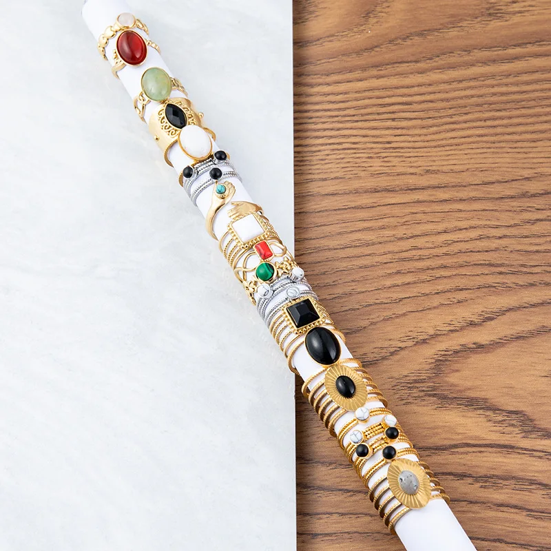 Women Stainless Steel Open Hug Ring Luxury Natural Stone Colorful Geometric Opal Jade Adjustable Ring