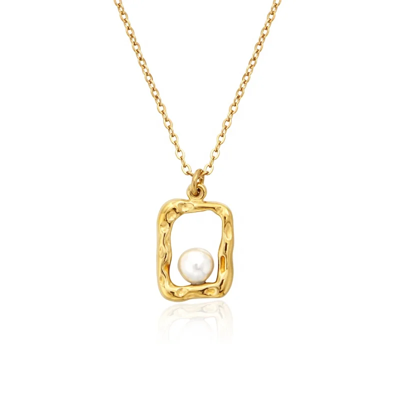 Square Pendant Necklace Non Tarnish Stainless Steel 18K Gold Plated Freshwater Pearl Necklace For Women New Arrival 2024