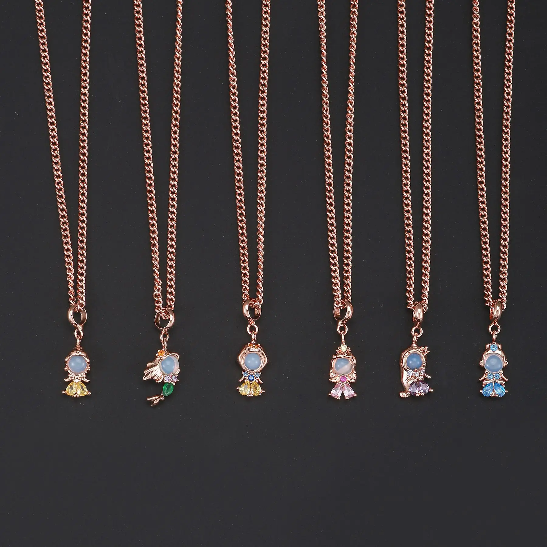 New Women Female Copper Color Zircon Cartoon Princess Pendant Necklace Fashion Mermaid Real Gold Plated Cuban Chain Necklace