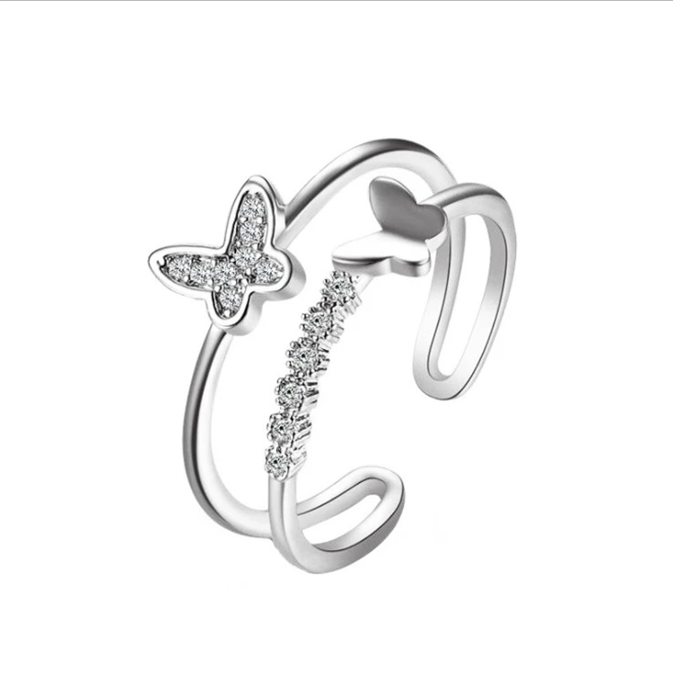 Fashion Jewelry Double Butterfly Ring Popular Rose Gold Diamond Opening Adjustable Ring Ladies Ring
