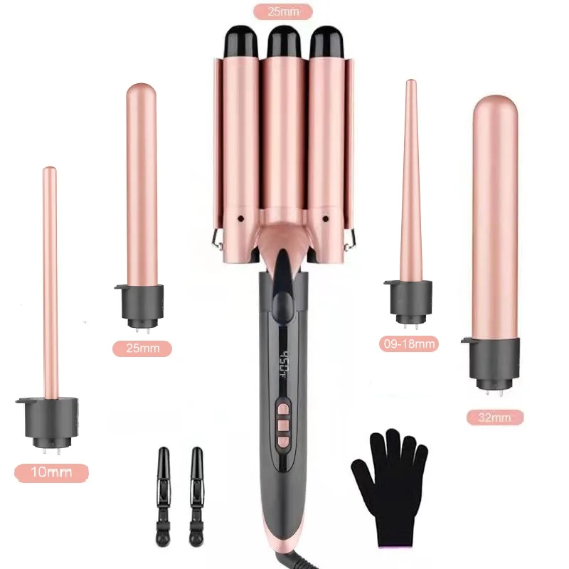 5 in 1 Interchangeable Curling Iron Curl Wand Curling Set LCD Display Private Label Hair Curler Roller Hot Brush Comb Tools