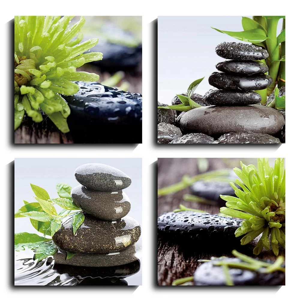 
Custom Zen Art Theme Green Bamboo Chrysanthemum Black Cobblestones Print On Canvas 