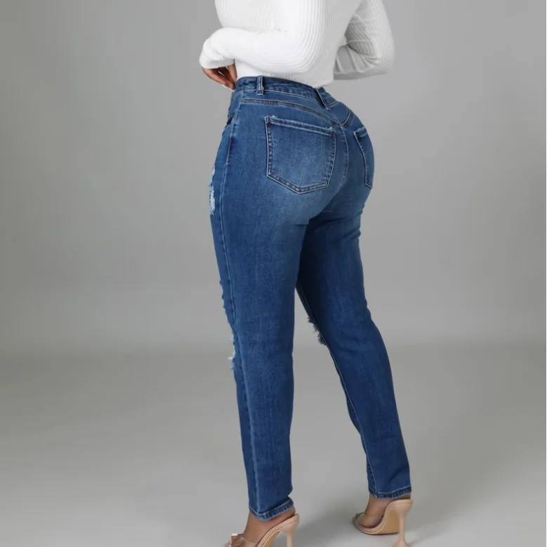 KCJ1032 Wholesale Women Casual Ripped Denim Jeans Skinny Holes High Waist Long Pants For Women