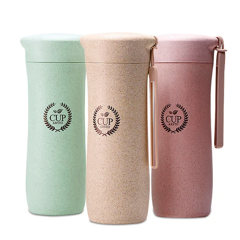 Hot Sale Custom Logo Wheat Straw Plastic Sports Water Bottle Travel Mug Coffee Tumbler Tea Cup
