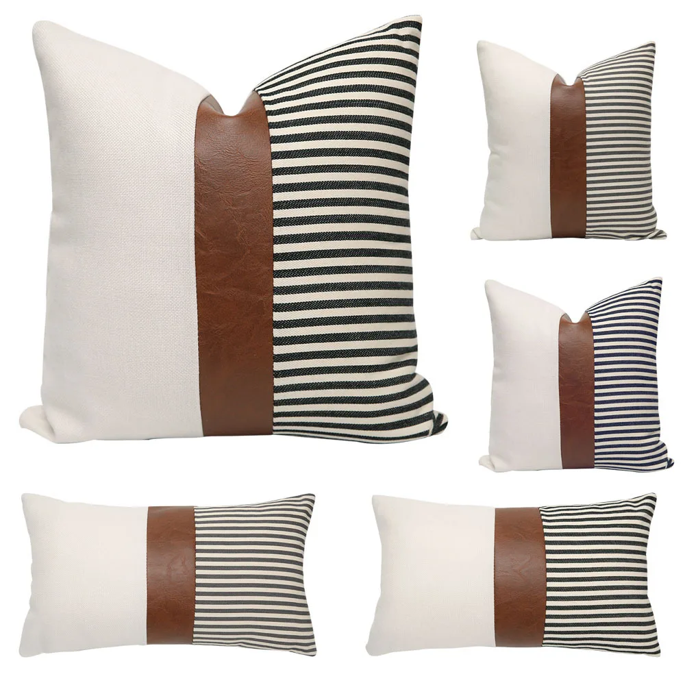 Льняные наволочки в стиле пэчворк с полосками для поясницы, современные наволочки из искусственной кожи для подушек