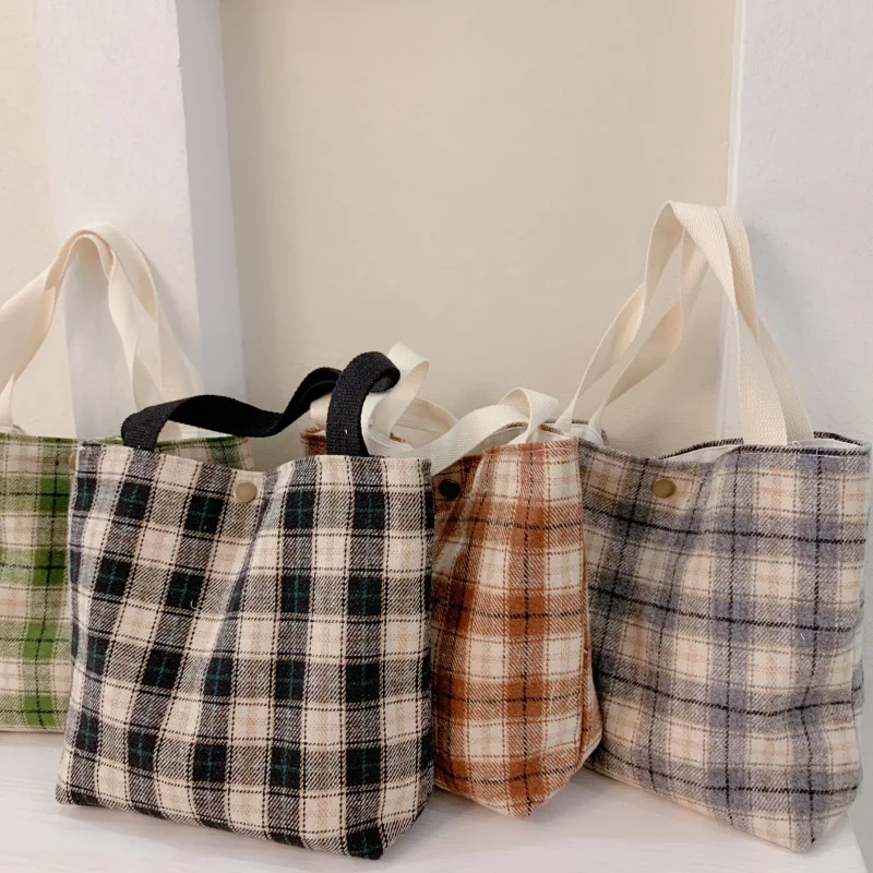 2021 new style literary cloth plaid bag simple plaid cloth bag canvas Tote bag