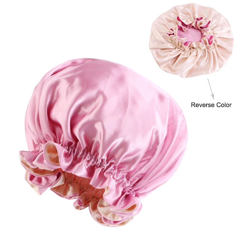 HaoKey Large Satin Bonnet Reversible Night Sleep Hat Double Sided Layer Shower Cap Solid Color Women Satin Hair Bonnet