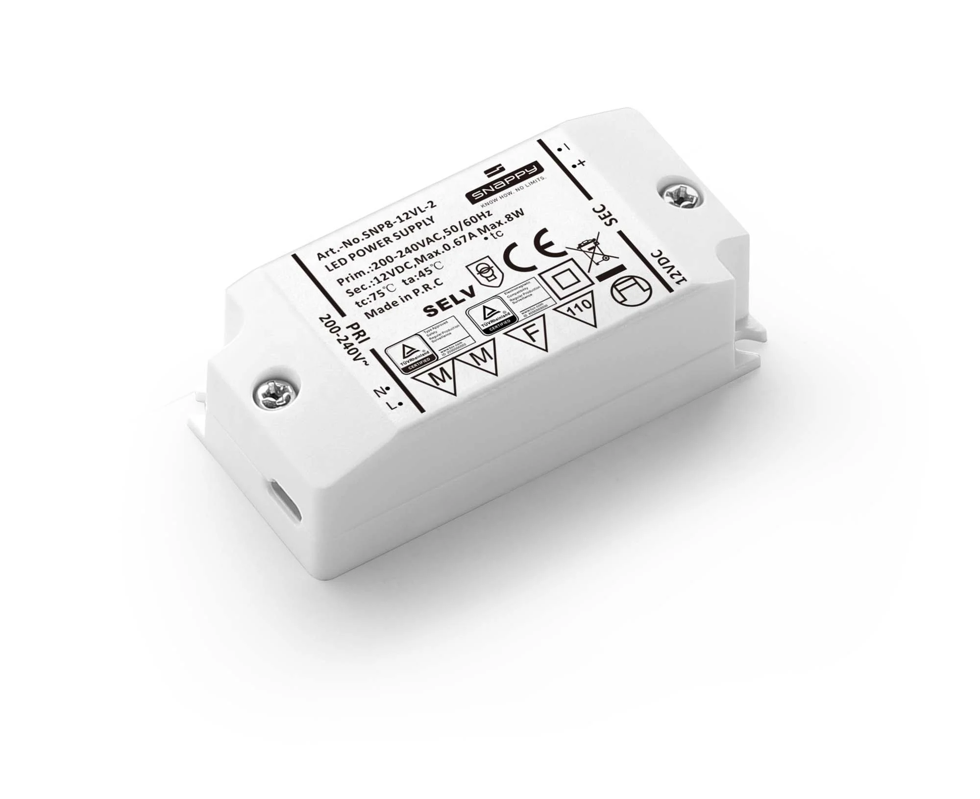 SNP8-12VL-2 Input 200-240VAC Output 8W 12V/24V  IP20 plastic case constant voltage LED Driver for Led lighting LED power supply
