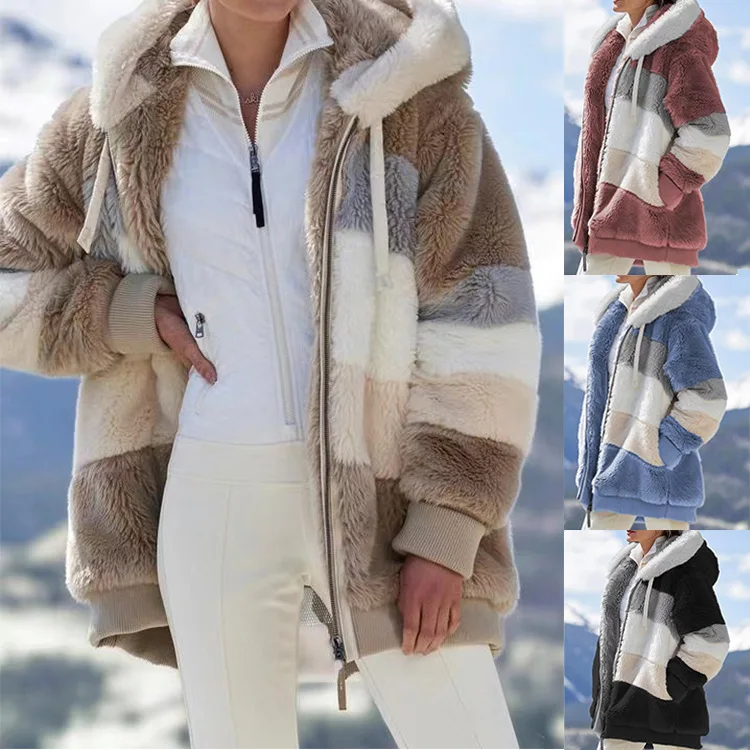 Winter Hooded Jacket Women Coat Fashion Loose Plush Warm Casual Multicolor Splicing Zipper Coats and Jackets Women Outwear