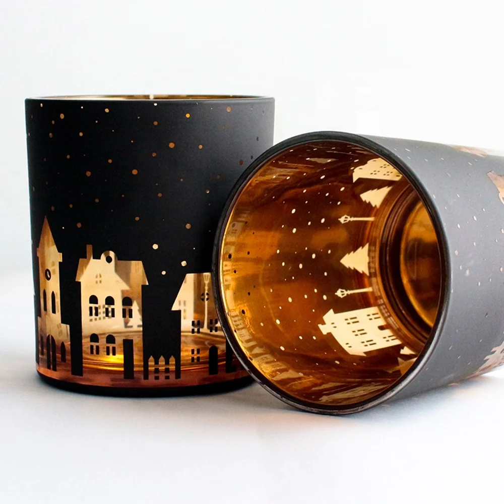 FENGJUN unique christmas decoration crystal gold inside laser engraving frosted black glass candle jar with lid box